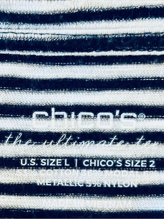 Chico's Top Knit Navy White Silver Stripe roll-tab 3/4 Sleeve Scoop casual large - Picture 2 of 8